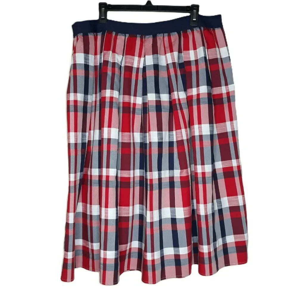 Women's Madras Plaid Full Midi Skirt Elastic Waist XLP Americana 4th of July